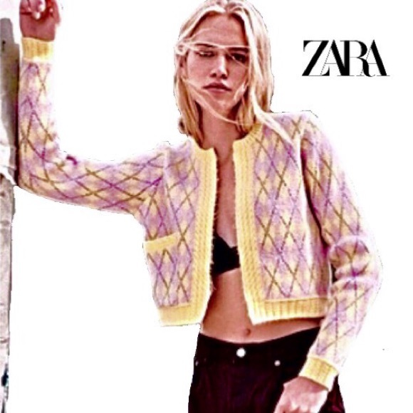 Zara Sweaters - Zara argyle yellow metallic knit open Cardigan wool blend size small purple coat